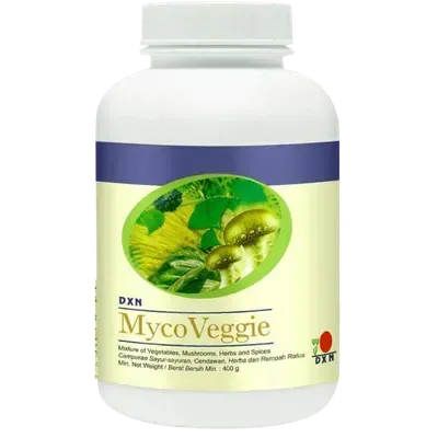 Vaso de MycoVeggie de DXN, una mezcla de fibra dietética con hongos y hierbas para apoyar la salud digestiva y la desintoxicación.