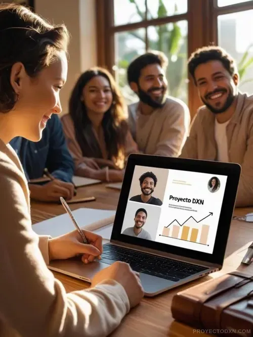 Miembros del equipo Proyecto DXN en una sesión de formación, mostrando el apoyo y las herramientas