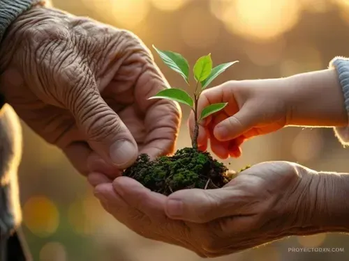 Manos de diferentes generaciones sosteniendo un código DXN, representando la membresía heredable